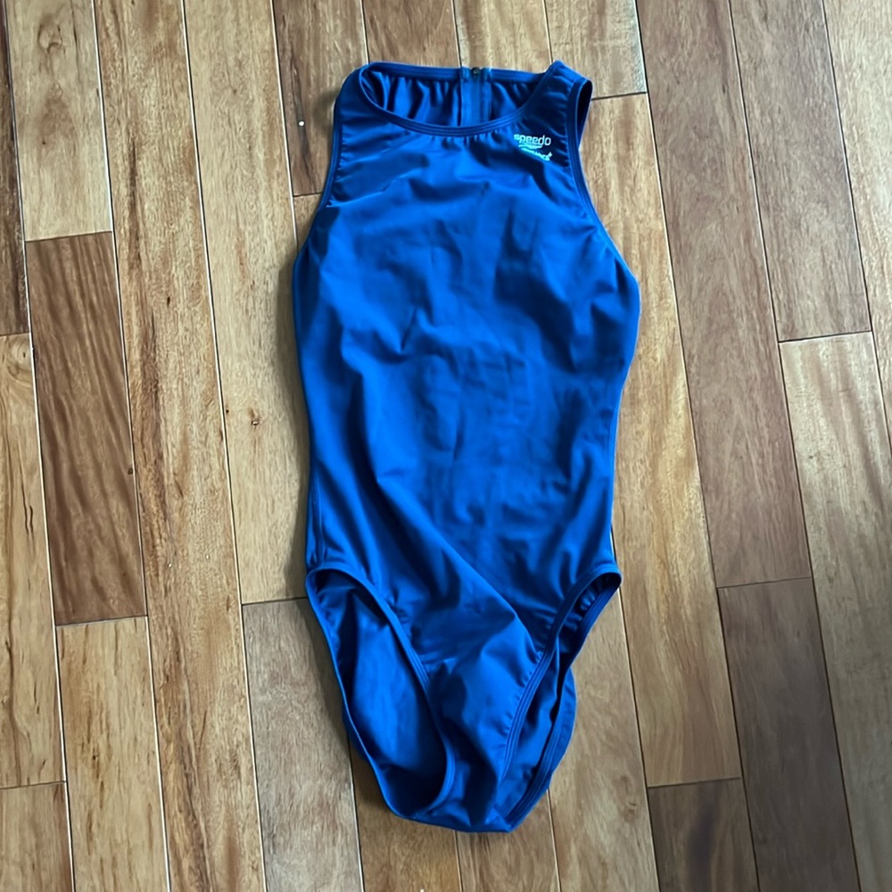 Navy blue Speedo competitive swimming swimsuit, zip up back and compressive